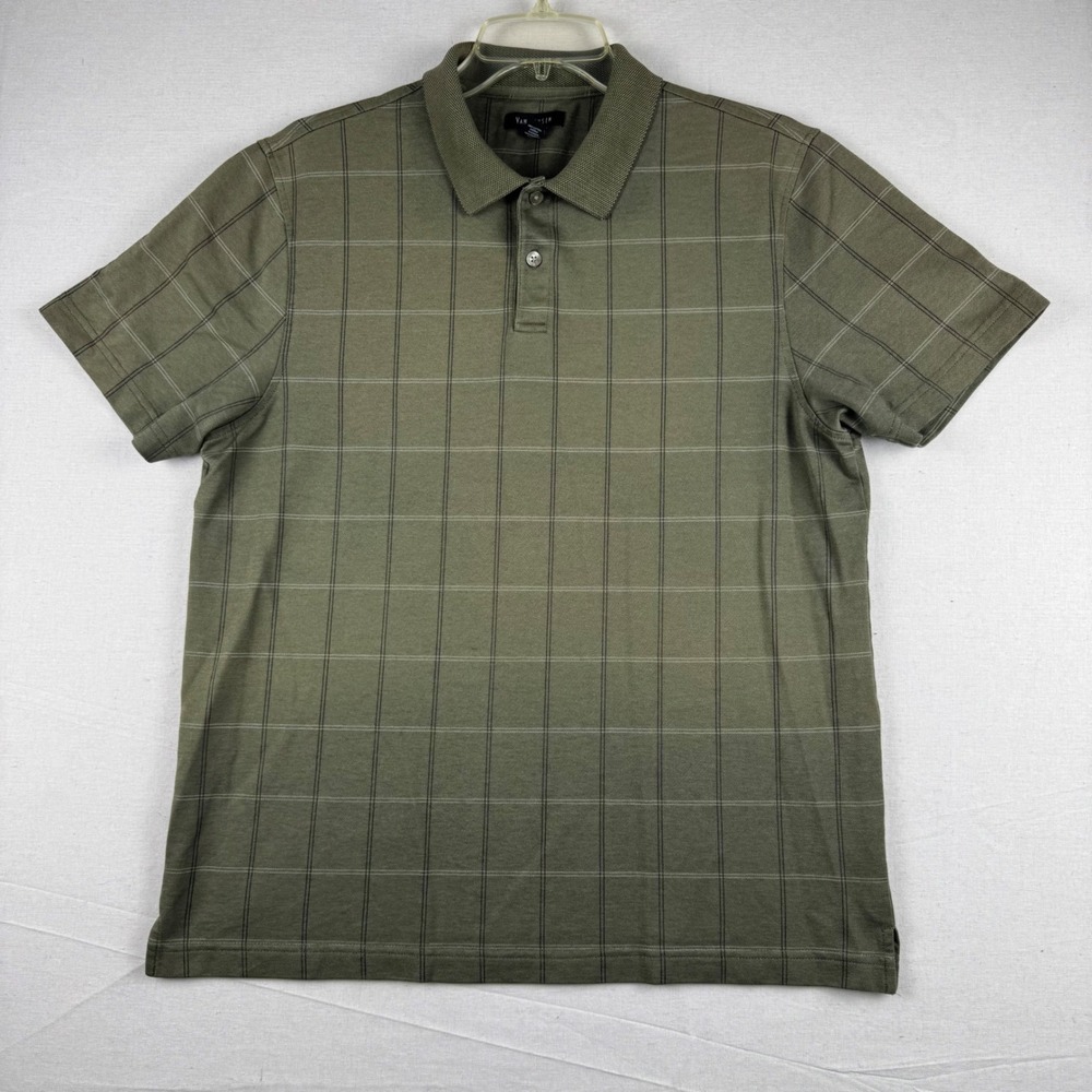 Van Heusen Mens Olive Green Windowpane Plaid Polo Shirt SizeM Short Sleeve Pique